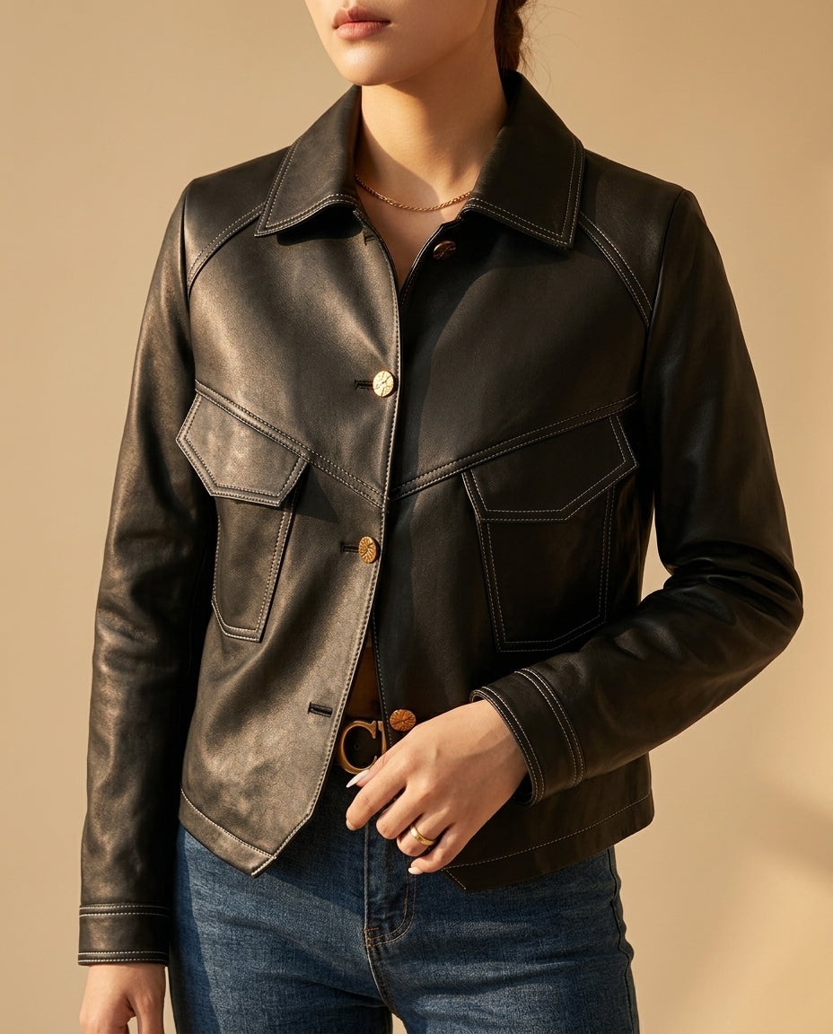 Clementine │ Women's Cropped Leather Jacket With Flap Pockets And Point Collar For Fall