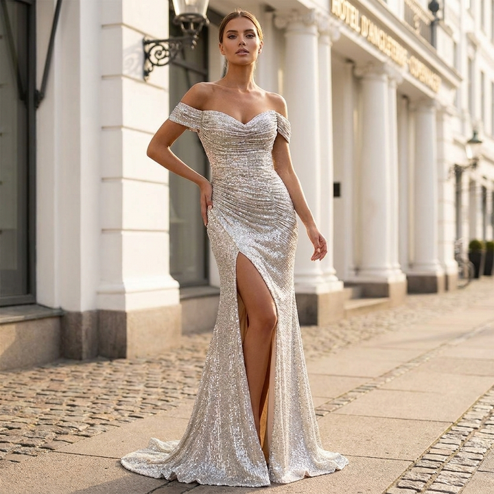 Corinna │ Women's Sequin Dress With Side Slit And Fitted Design