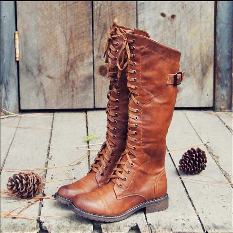Ruth │ Women's Leather Boots With Lace-Up Front And Buckled Strap