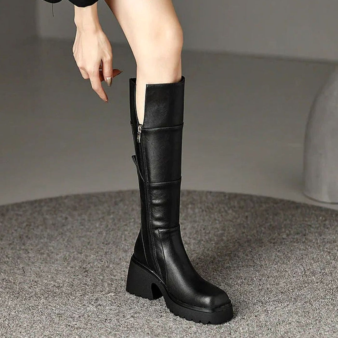 Women's Chunky Knee-High Block Heel Zipper Boots - Black