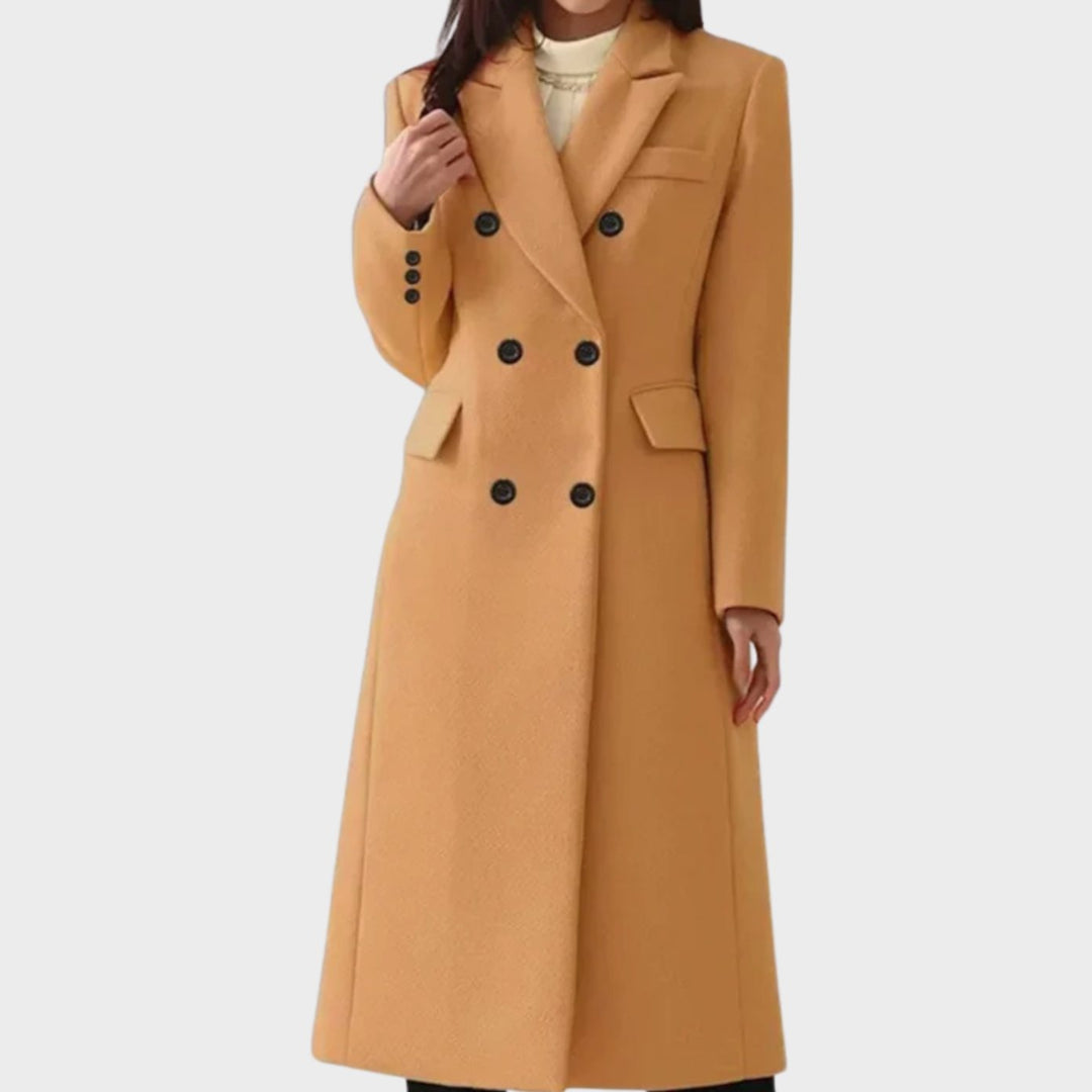 Women's Double-Breasted Wool Winter Coat Notch Lapel Long Tailored - Brown