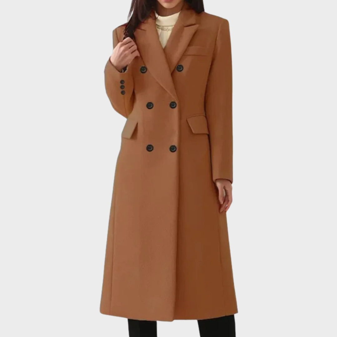 Women's Double-Breasted Wool Winter Coat Notch Lapel Long Tailored - Dark Brown
