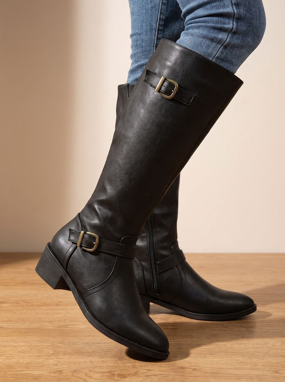 Women's Double Buckle Knee High Boots Low Block Heel