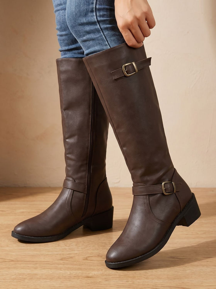 Women's Double Buckle Knee High Boots Low Block Heel