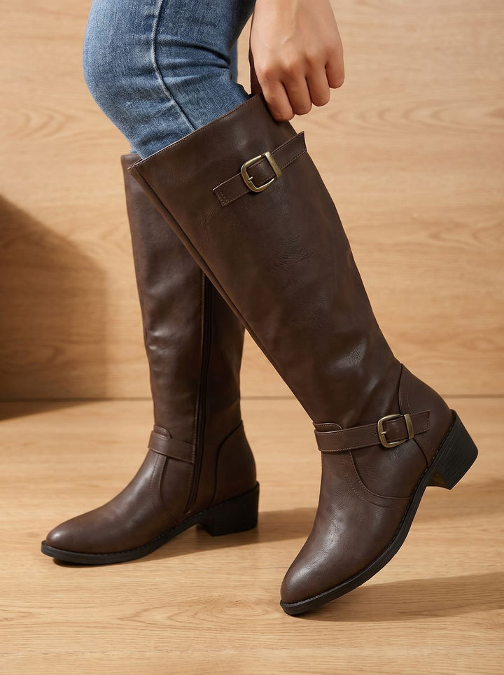 Women's Double Buckle Knee High Boots Low Block Heel - Dark Brown