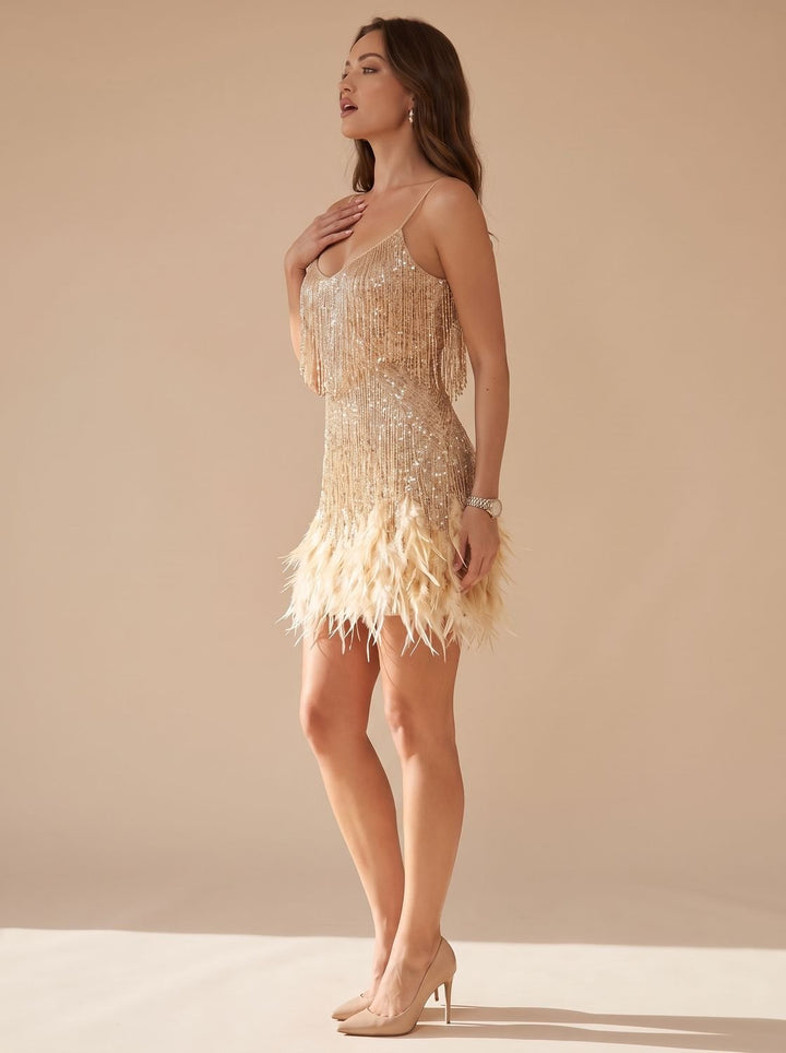 Women's Formal Sequin Mini Dress Feather Trim Spaghetti Strap