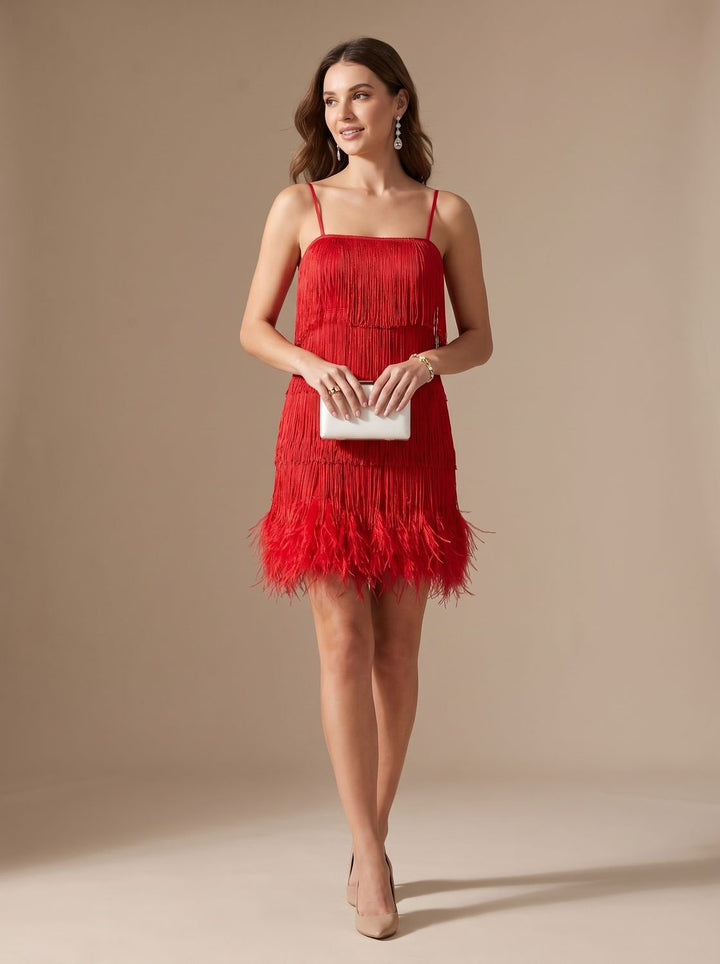 Women's Formal Sequin Mini Dress Feather Trim Spaghetti Strap - Red