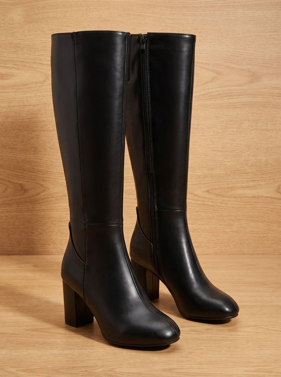 Women's Knee High Boots Block-Heel Side-Zip Faux Leather - Black