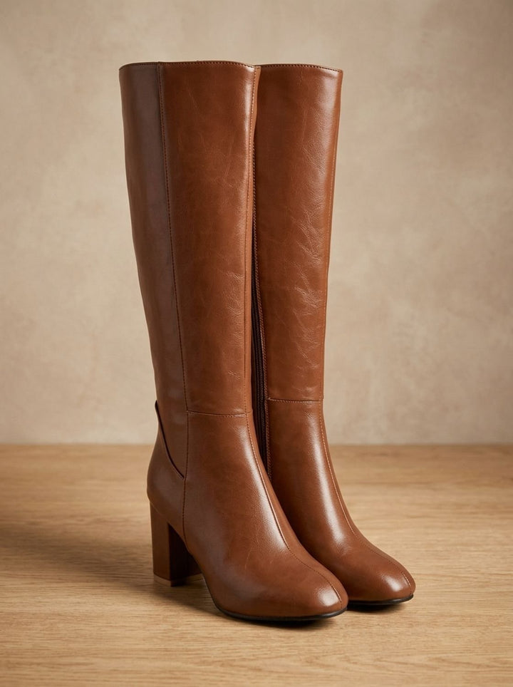 Women's Knee High Boots Block-Heel Side-Zip Faux Leather - Brown