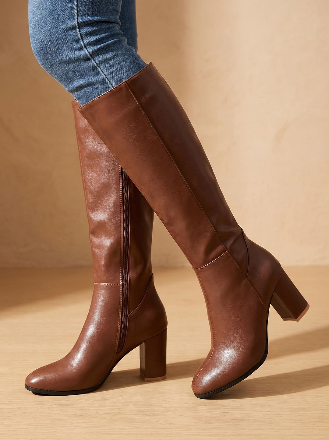 Women's Knee High Boots Block-Heel Side-Zip Faux Leather