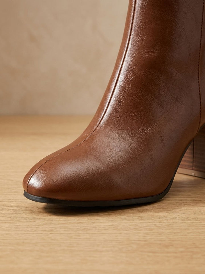Women's Knee High Boots Block-Heel Side-Zip Faux Leather