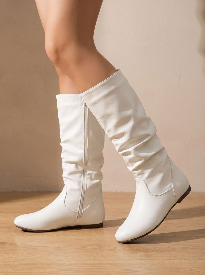 Women's Slouchy Flat Knee High Boots Round Toe Side Zip