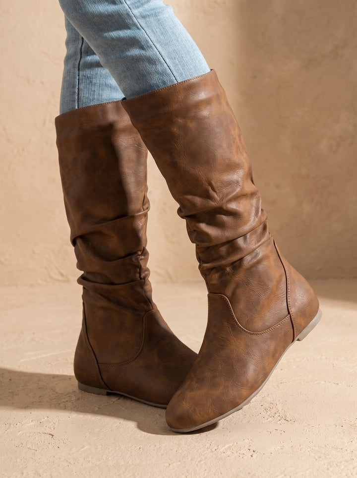 Women's Slouchy Flat Knee High Boots Round Toe Side Zip