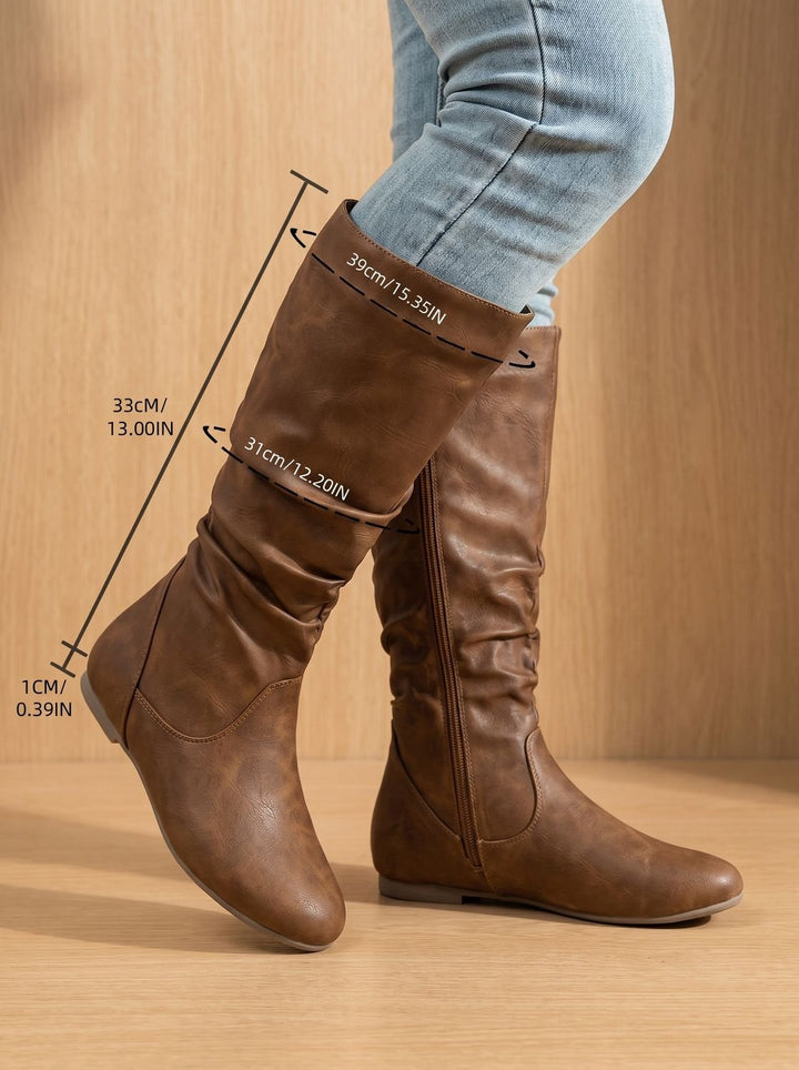 Women's Slouchy Flat Knee High Boots Round Toe Side Zip