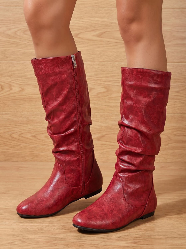 Women's Slouchy Flat Knee High Boots Round Toe Side Zip